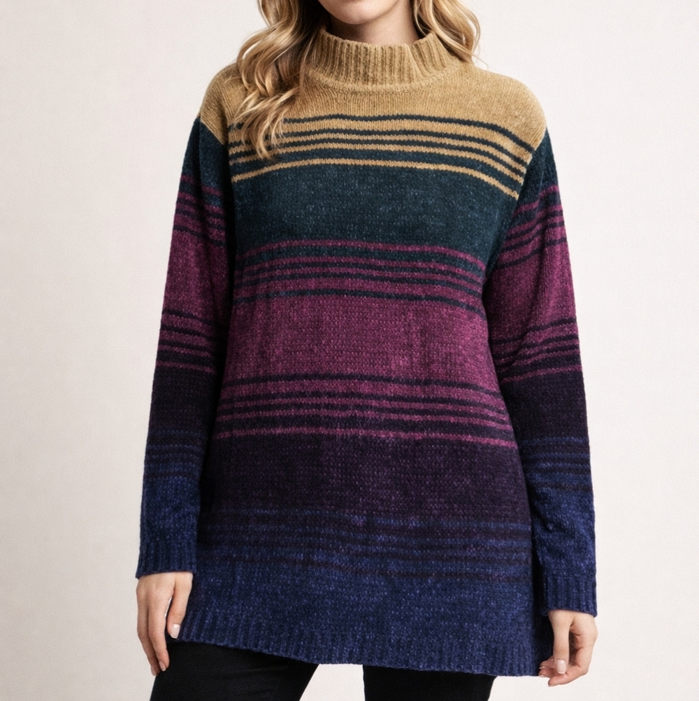 Vintage Fashion Bug Chenille Colorblock Striped Mock Neck Sweater Womens Plus 2X